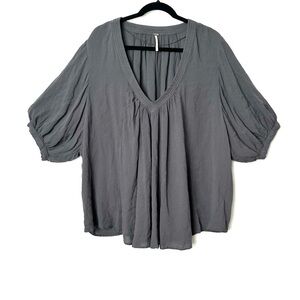 Free People Oversized Charcoal Gray Balloon Short Sleeve V-Neck Flutter Blouse